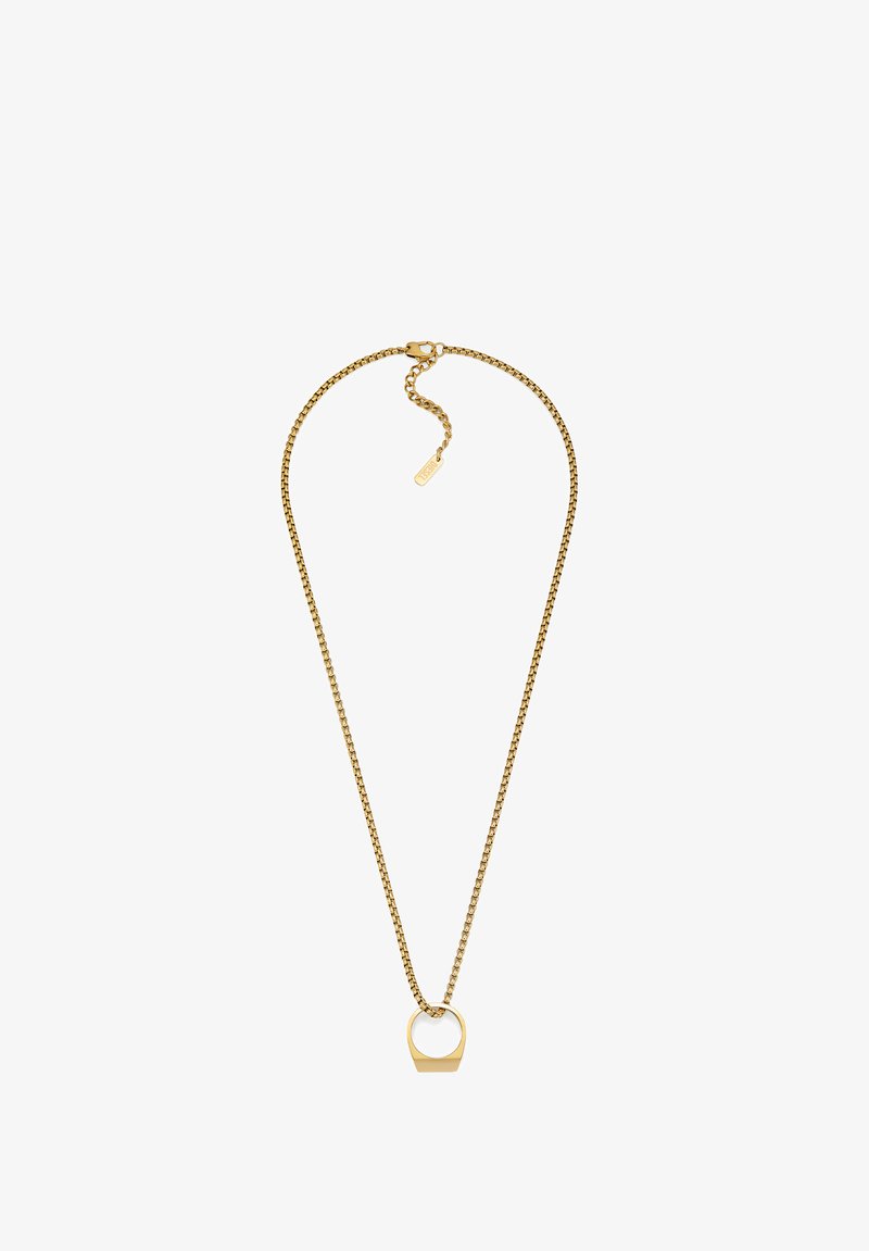 Collier en chaîne d'or avec un pendentif plat en forme d'anneau et un fermoir réglable sur fond blanc.