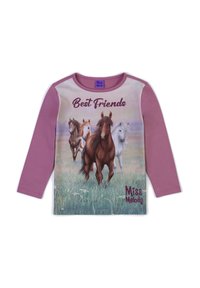T-shirt a maniche lunghe di colore rosa chiaro con una grafica di cavallo e il testo "Migliori Amici". Presenta un tessuto morbido e un collo arrotondato.