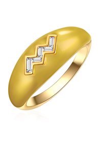 Gul emaljring med ett brett, slätt band som har tre små, växelvis rektangulära klara ädelstenar i ett zigzag-mönster.