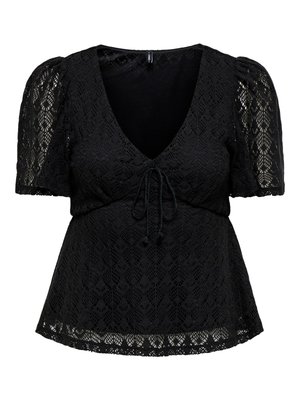 Blouse en dentelle noire avec col en V, manches courtes bouffantes et un détail noué à l'avant, présentant un motif floral au crochet.