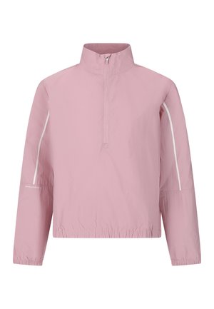 Vaaleanpunainen pitkähiha-pullover-takki, jossa neljäsosa vetoketjusta, pystypystykaulus, joustavat hihansuut ja helma sekä heijastavat raidat hihoissa.