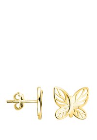 Fjärilsformade studörhängen i polerat gult guld. Har utskurna bladmönster. Inkluderar en säker stift och fjädrande clasp-bak.