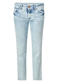 Jean slim-fit en denim bleu clair avec poches avant, passants de ceinture, fermeture par bouton et détails délavés.