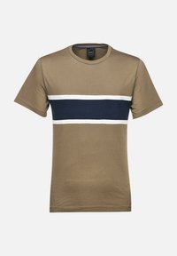 Camiseta de manga corta color caqui con una franja horizontal azul marino y blanca en el pecho. Material de algodón suave con cuello redondo.