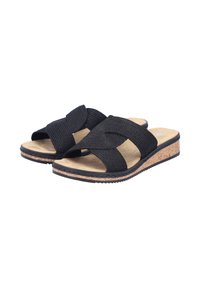 Zwarte geweven slide-sandalen met een kruisbandontwerp, kurken tussenzool en een getextureerde rubberen buitenzool voor grip. Zachte voetbed voor comfort.