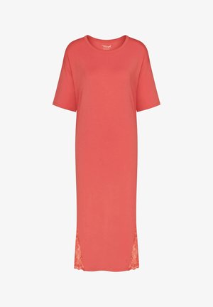 Coral, knee-length dress made of soft fabric with short sleeves. Features lace accents on the sides for added detail.