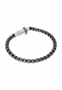 Bracciale in metallo nero con maglie intrecciate e finitura lucida, dotato di un pratico gancio cilindrico in argento per una chiusura sicura.