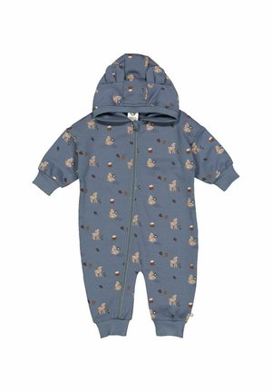 Cotton jumpsuit in blue with a hood, featuring a front zipper and animal prints, including deer and acorns in tan and brown.