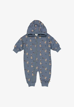 Blauer Baumwoll-Overall mit Kapuze, ausgestattet mit einem Frontreißverschluss und Tiermotiven, einschließlich Rehen und Eicheln in Beige und Braun.