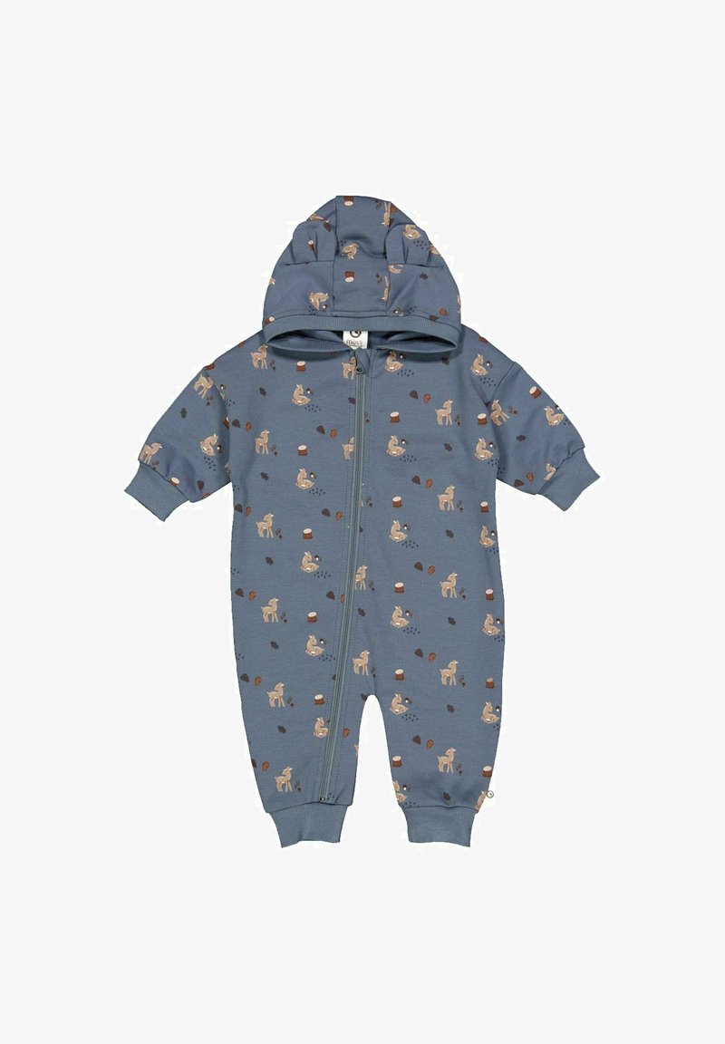 Modrý bavlněný overal s kapucí, vybavený předním zipem a zvířecími potisky, včetně jelenů a žaludů v odstínech béžové a hnědé.