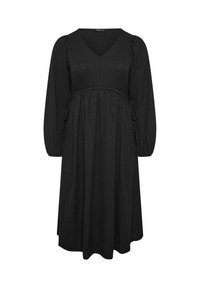 Vestido negro con escote en V, mangas largas abullonadas, tejido texturizado y falda con fruncidos y detalles de cordones en la cintura.