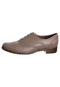 Chaussure montante en cuir marron avec un bout rond, un détaillage à ailerons et un petit talon en bois. Texture lisse avec des perforations décoratives.