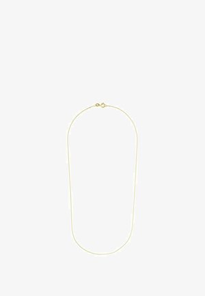 Collar de delicada cadena de oro fino con pequeño cierre de anillo de resorte sobre un fondo blanco.