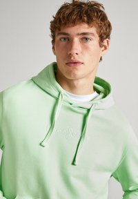 Sudadera de algodón verde claro con logo de la marca bordado, cordones ajustables y un corte relajado. Textura suave y diseño clásico.
