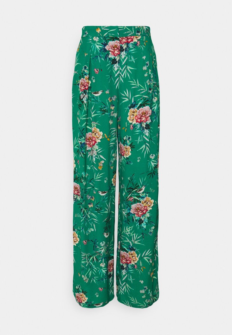 Pantalon vert taille haute à jambes larges avec un imprimé floral coloré et petits oiseaux.
