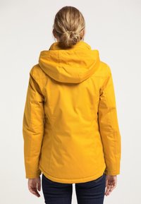 Veste imperméable jaune avec capuche, présentant une texture lisse et une coupe ajustée. Ourlet cintré et coutures visibles à l'arrière.