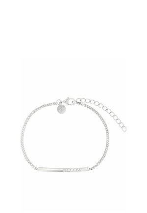Silbernes Kettenarmband mit einer kleinen Stange, die mit fünf klaren Kristallen besetzt ist, und einem verstellbaren Verschluss mit einem runden Anhänger.