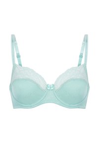 Mintgrön bh med en slät vadderad design, spetskant upptill, prickig tyg och en liten rosett i mitten. Justerbara axelband.