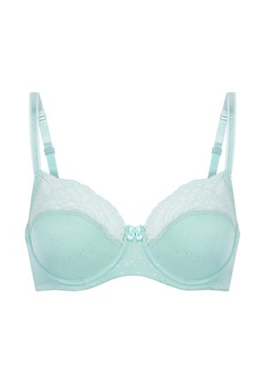 Mintgroene bh met een gladde, gepadde ontwerpen, kantafwerking aan de bovenkant, stippenstof en een klein strikje in het midden. Verstelbare bandjes.