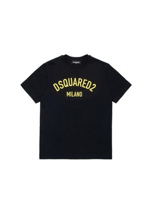 T-shirt noir à col rond avec texte jaune "DSQUARED2 MILANO" centré sur le devant.
