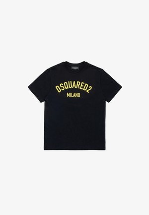 T-shirt noir à col rond avec texte jaune "DSQUARED2 MILANO" centré sur le devant.