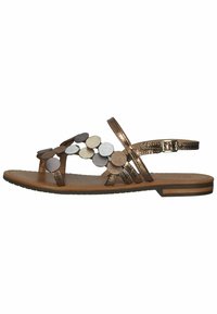 Sandali slingback in bronzo con accenti metallici circolari in oro, argento e marrone, dotati di una suola testurizzata e tacco basso.
