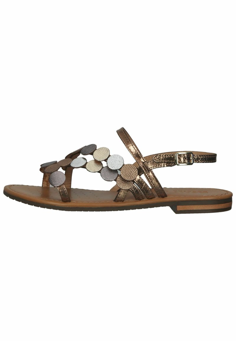 Sandali slingback in bronzo con accenti metallici circolari in oro, argento e marrone, dotati di una suola testurizzata e tacco basso.