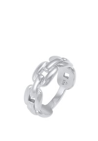 Sterling sølv ring med sammenkoblede kæde-design, poleret overflade, glat tekstur og indgraveret metalrenhedsmærke (925).