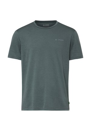 Short-sleeve dark green crew neck T-shirt with small Vaude logo on the chest, displayed on a plain white background.