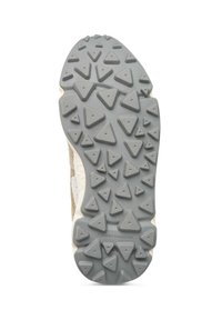 Graue Gummisohle mit dreieckigen Profilen und strukturiertem Oberflächen, ausgestattet mit einem helleren Rand und dem geprägten Logo "Flower Mountain".
