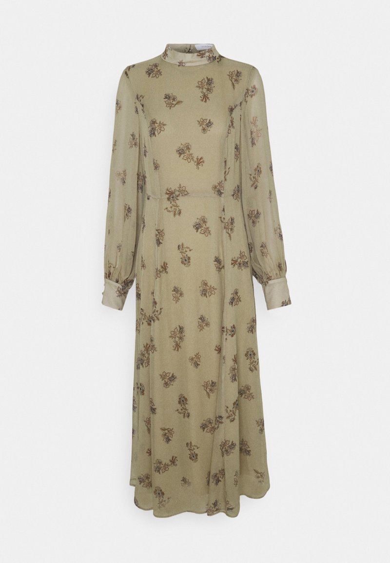 Robe à manches longues, couleur olive avec des motifs floraux, col montant et une silhouette fluide. Tissu doux avec un léger éclat et poignets froncés.