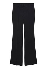 Black flared trousers made of smooth fabric, featuring a flat front, belt loops, and a tailored cut with side seams.