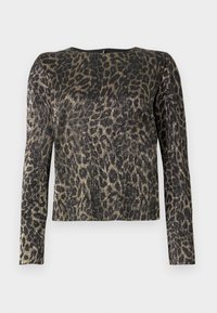 Dlhé rukávy, priliehavý top s metalickým zlatým a čiernym leopardím vzorom a okrúhlym výstrihom na jednoduchom pozadí.