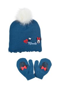 Blue knit hat with a white pom-pom, featuring embroidered Minnie Mouse details. Matching blue mittens with black and red accents.