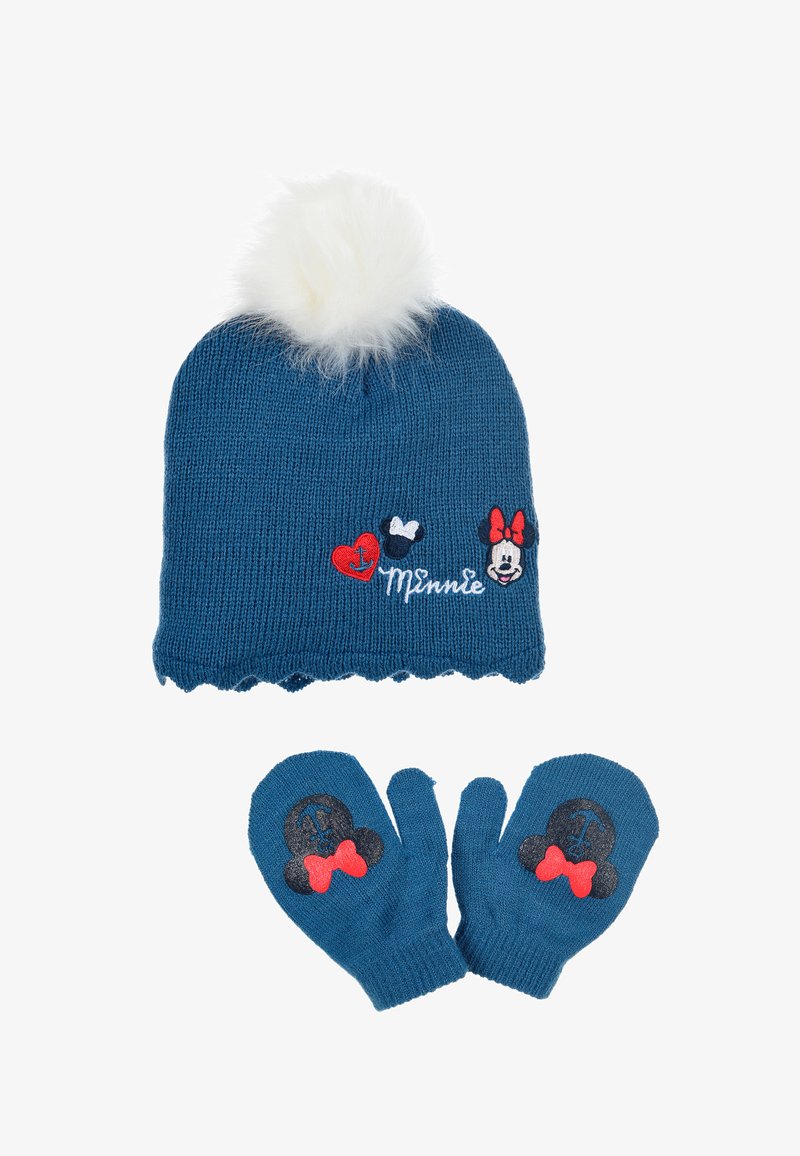 Blue knit hat with a white pom-pom, featuring embroidered Minnie Mouse details. Matching blue mittens with black and red accents.