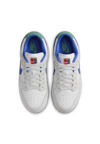 Paire de baskets blanches Nike avec des swooshes bleus, des languettes vertes au talon et un logo multicolore sur des lacets blancs, vues de dessus.
