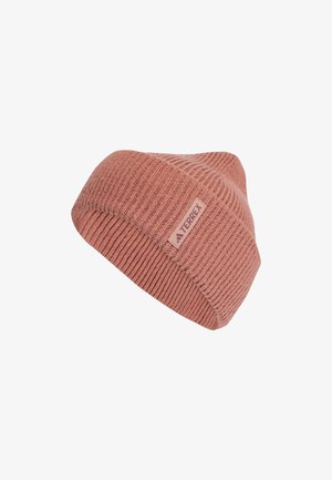 Strickmütze in sanftem Korallenfarbe mit gerippter Struktur. Verfügt über ein kleines, markiertes Etikett an der Seite.