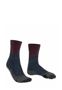 Kniestrümpfe mit einem gerippten bordeauxrotfarbenen Bündchen, einem dunkelblauen Schaft und einem grauen Fersen/Zehenbereich mit verstärkten Details.