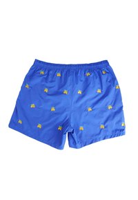 Pantaloni da bagno blu realizzati in tessuto leggero, con ricami di frutta gialla, cintura elastica e vestibilità comoda.