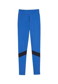 Blauwe sportlegging met een gladde textuur, voorzien van een zwarte mesh gestreepte accent over de onderbenen en een comfortabele elastische tailleband.