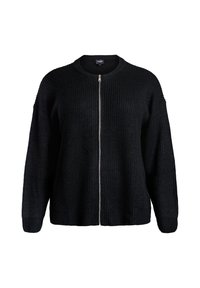 Black knitted cardigan with a zip front, round neck, and loose fit. Features ribbed texture and long sleeves.
