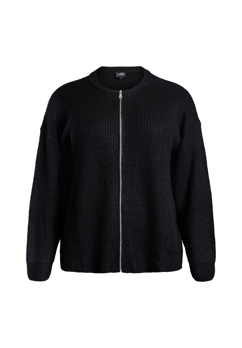 Black knitted cardigan with a zip front, round neck, and loose fit. Features ribbed texture and long sleeves.