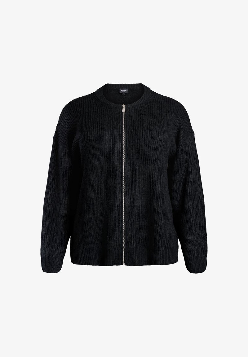 Black knitted cardigan with a zip front, round neck, and loose fit. Features ribbed texture and long sleeves.