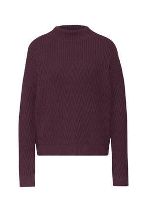 Vínový svetr s vysokým límcem, zdobený strukturovaným cikcak vzorem a žebrovanými manžetami a lemem. Vyrobený z měkkého pleteného materiálu.