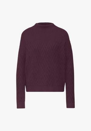 Vínový svetr s vysokým límcem, zdobený strukturovaným cikcak vzorem a žebrovanými manžetami a lemem. Vyrobený z měkkého pleteného materiálu.