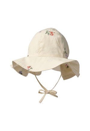Crèmekleurige hoed met brede rand, geborduurde kleine bloemen en kinbandjes die in een strik zijn geknoopt.