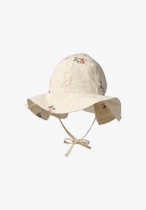 Fløjlsfarvet bredskygget hat med broderede små blomster og hageremme bundet i en sløjfe.