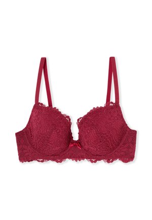 Reggiseno imbottito in pizzo rosso con ferretto, spalline regolabili e un piccolo fiocco di raso al centro davanti.