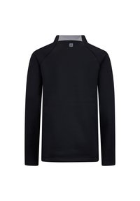 Maglietta nera a manica lunga con colletto grigio, realizzata in un tessuto morbido. Presenta maniche raglan e un logo sulla schiena.