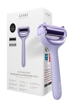 Lavendel micronaald gezicht en lichaamsroller met twee afneembare koppen, weergegeven naast een witte productdoos met merk- en kenmerkinformatie.